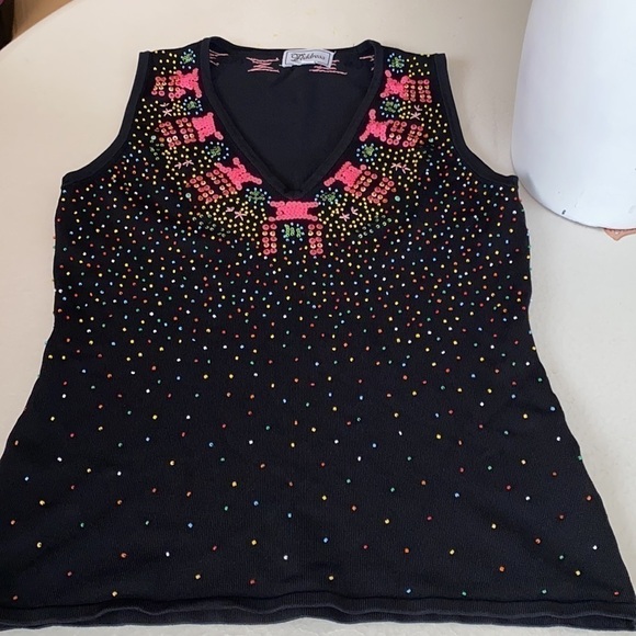 Vintage Black Fully Beaded  multicolour Sleeveless Sweater Top Sz L - Picture 13 of 14